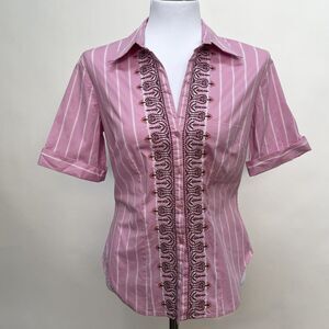 New York & Company Women's Top Medium Pink White Stripes Embroidered